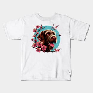 Wirehaired Pointing Griffon Joy in Spring with Cherry Blossoms and Flowers Kids T-Shirt